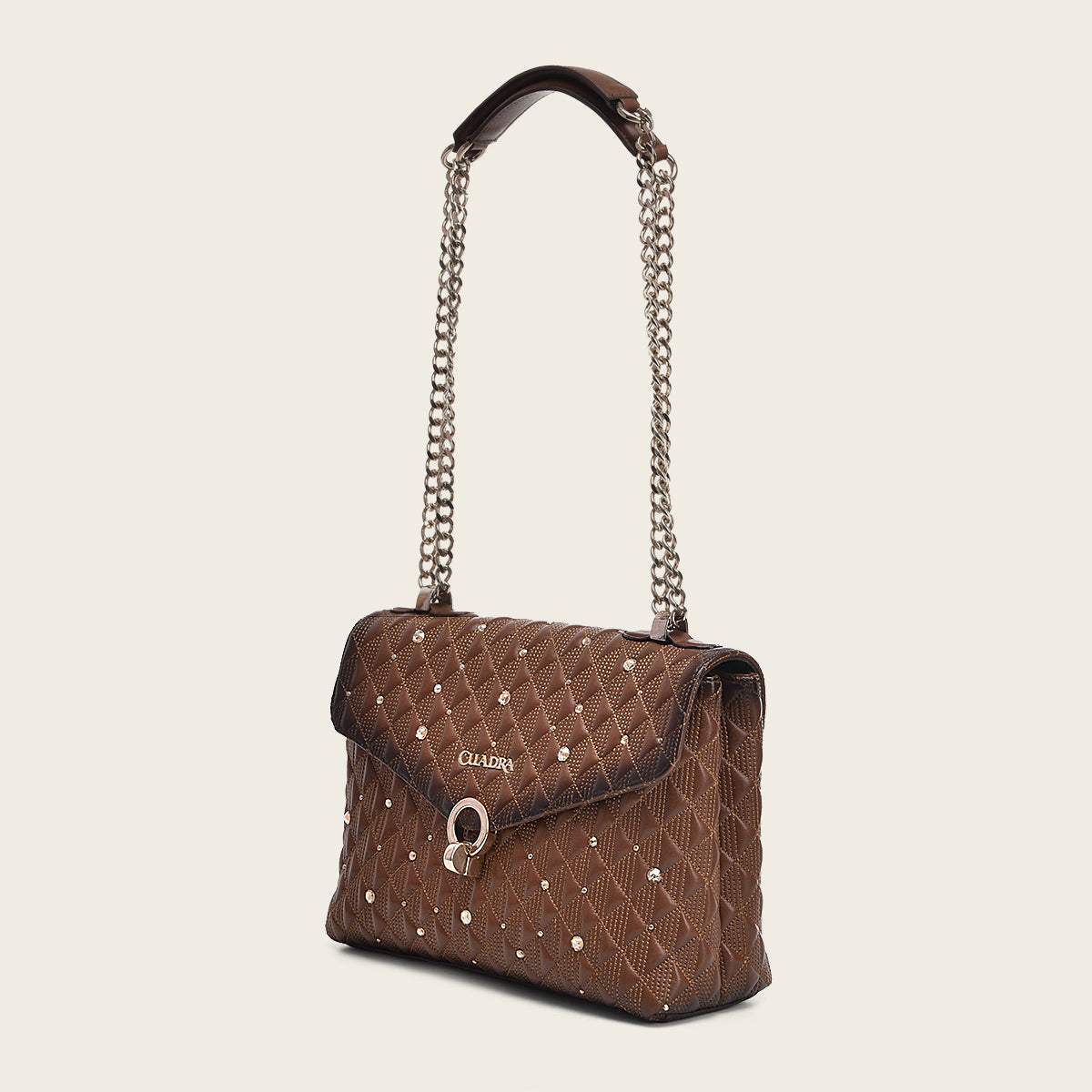 Brown leather crossbody bag with doble chain handle