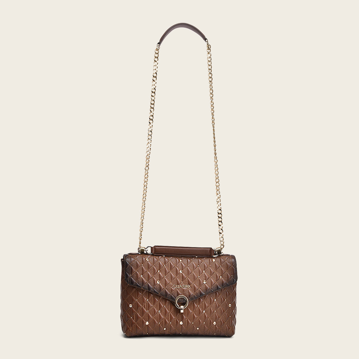Brown leather crossbody bag with doble chain handle