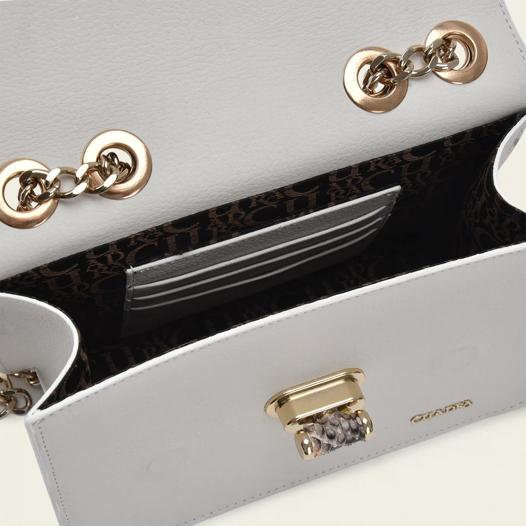 White genuine exotic leather handbag with chain strap