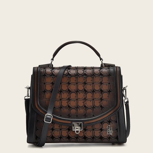 Brown geometrical form handbag with decorative perforations