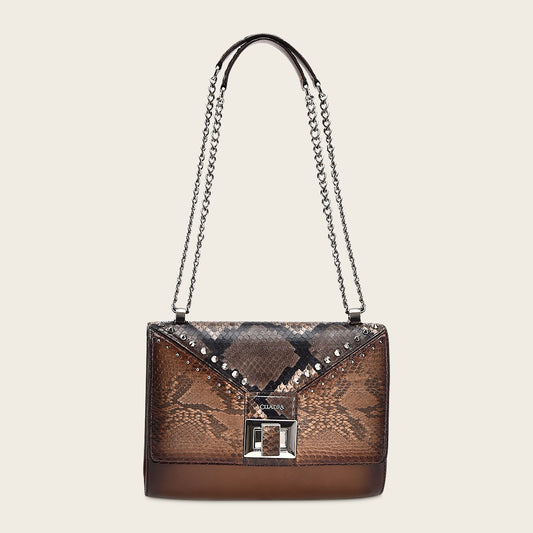 Honey brown genuine exotic leather handbag with chain strap