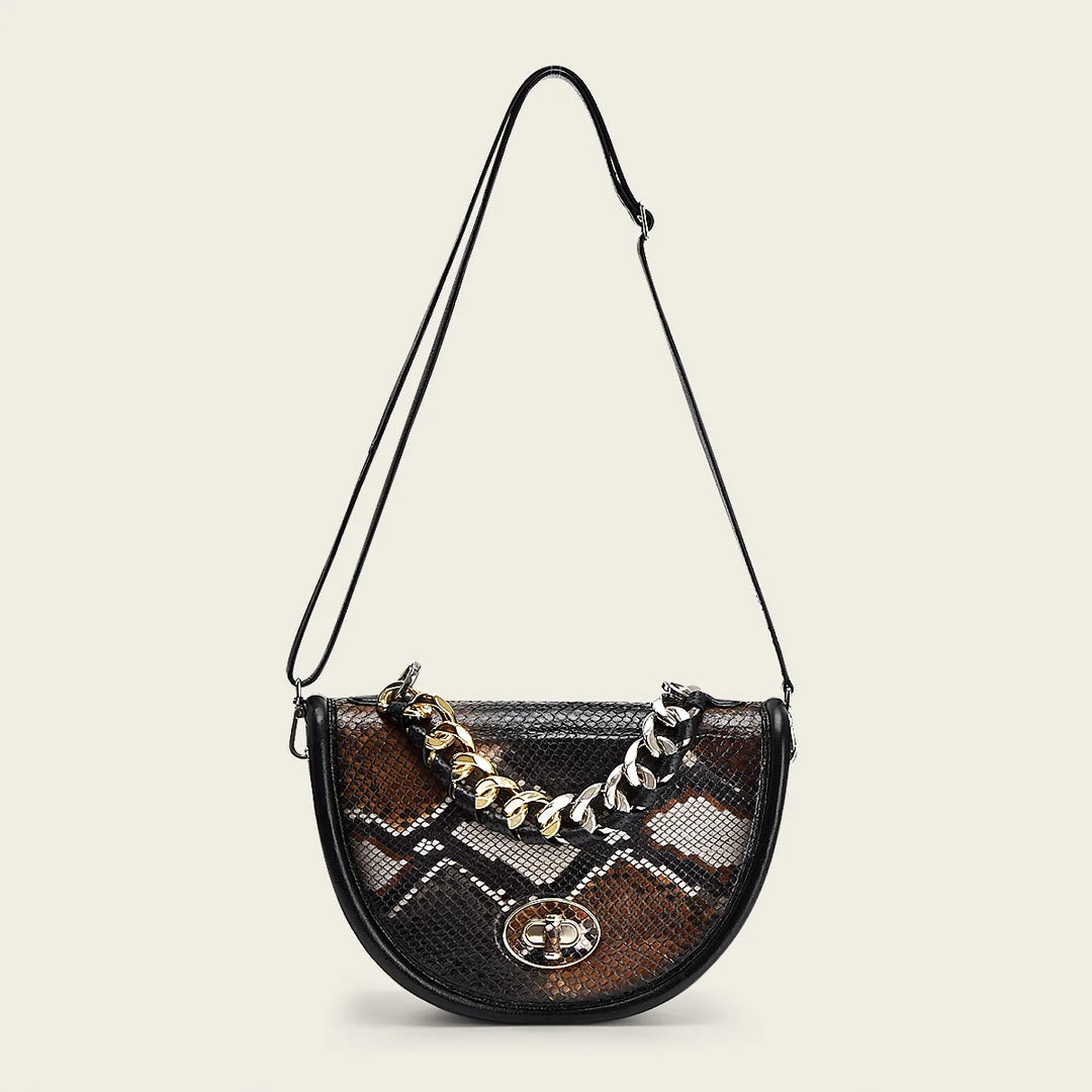 Black genuine exotic leather semicircular handbag with chain handle
