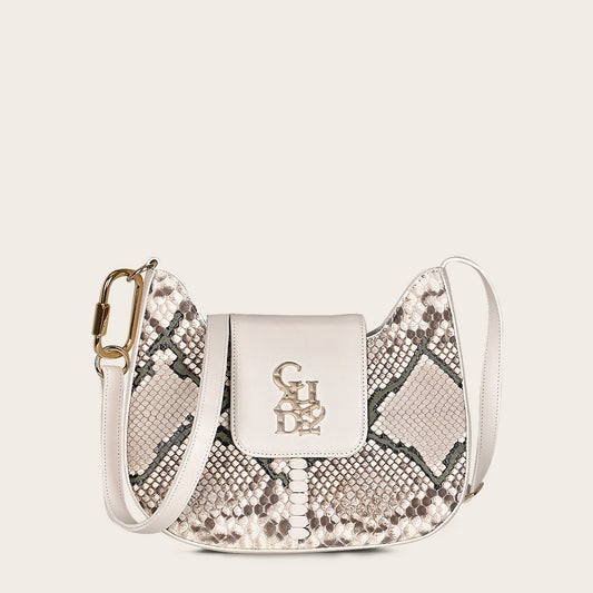 White exotic leather shoulder bag with handmade interweaving detail