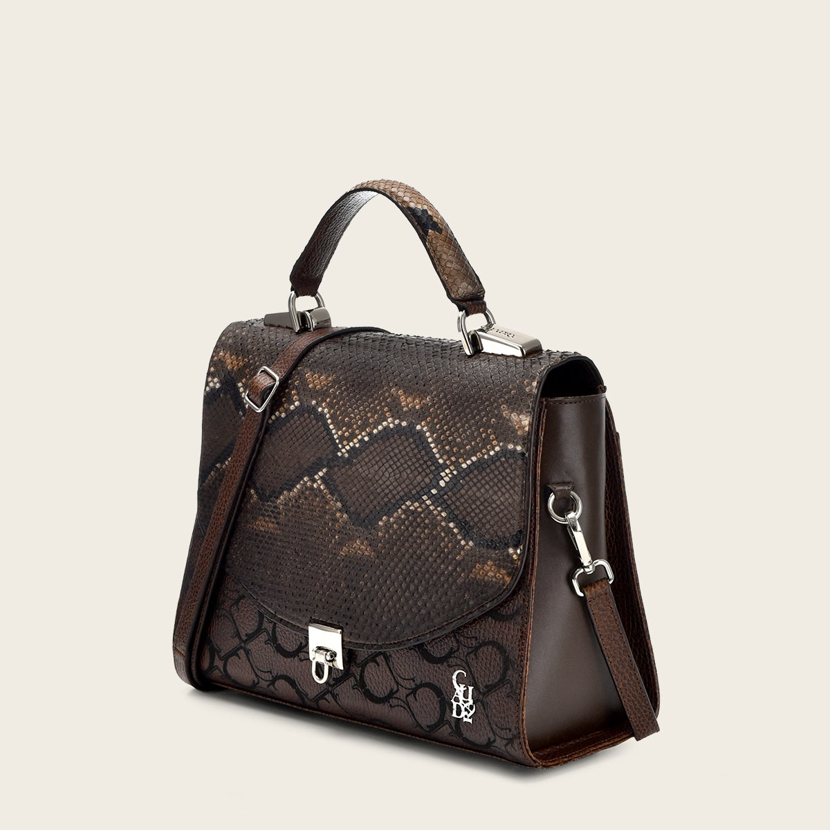 Dark brown exotic leather handbag with Cuadra Monogram leather