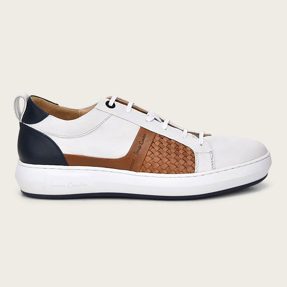 Casual white leather sneakers with blue and honey brown details