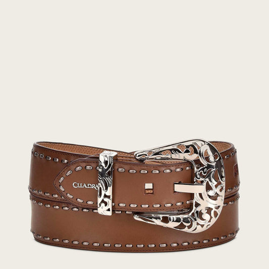 Handwoven honey leather belt with metallic buckle