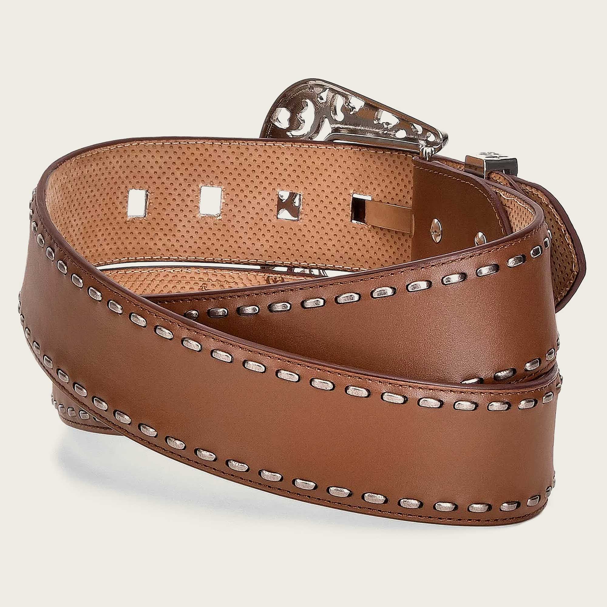 Handwoven honey leather belt with metallic buckle