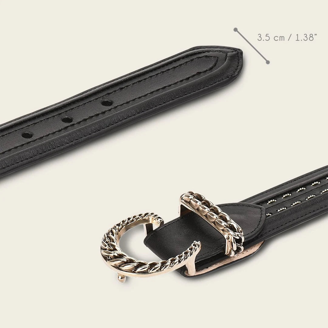 Handwoven black leather belt with metallic buckle