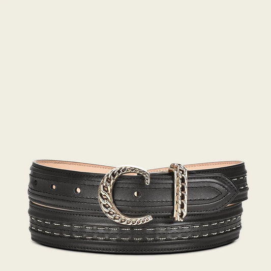 Handwoven black leather belt with metallic buckle