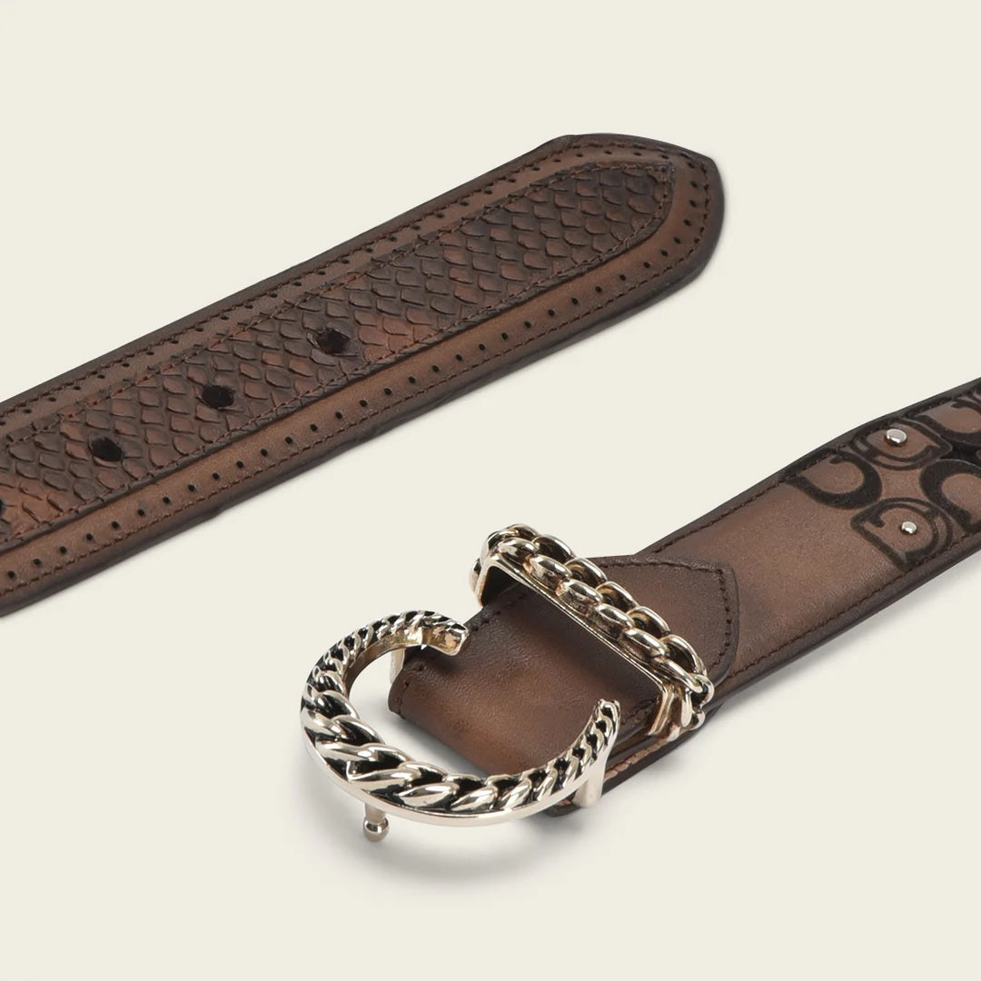 Engraved Brown exotic leather belt with monogram buckle