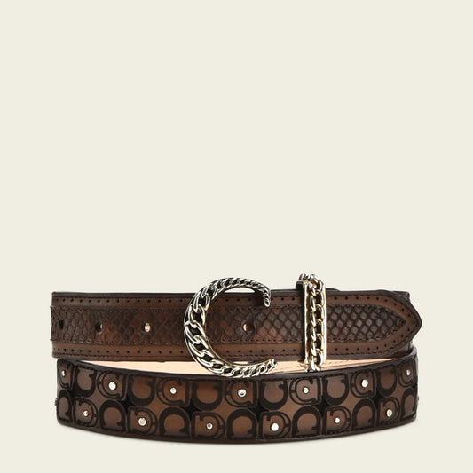 Engraved Brown exotic leather belt with monogram buckle