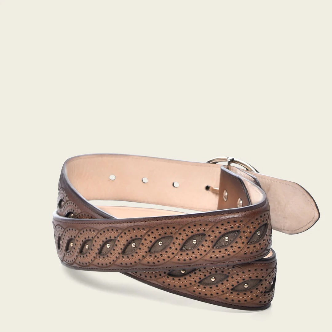 Embroidered brown leather belt with braided detail
