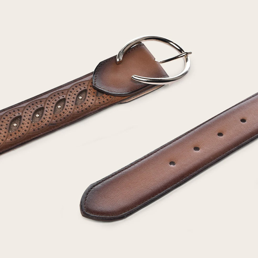 Embroidered brown leather belt with braided detail