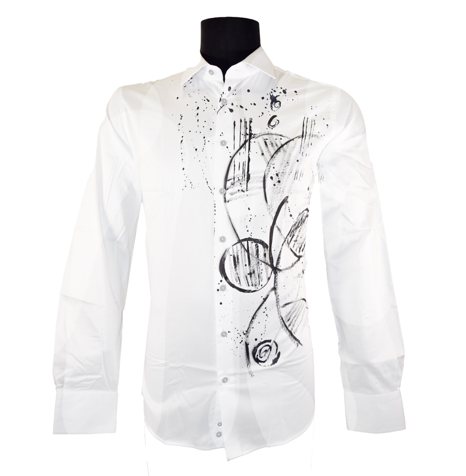 White button-up shirt with unique print of contrasting spots