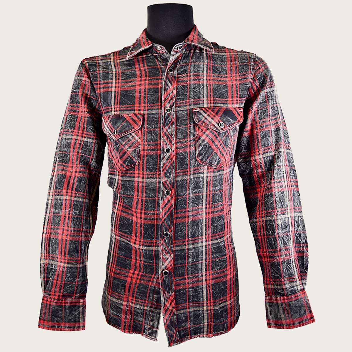 Black shirt for men with checkered print, snap closure