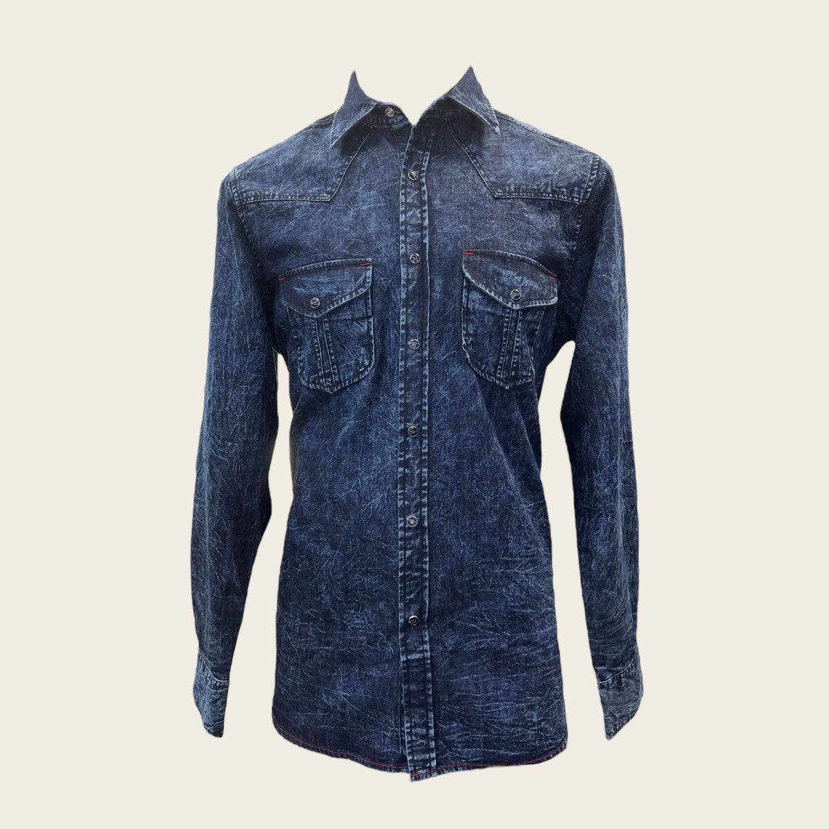 Navy blue denim shirt, washed finish with chest pockets