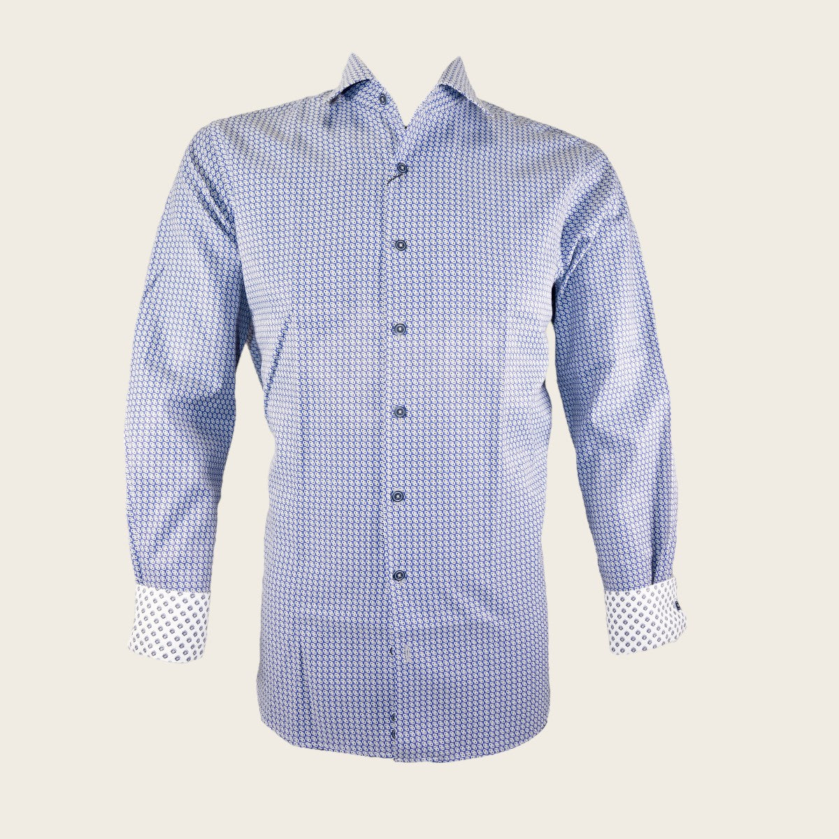 Blue print men shirt, long sleeves and adorned with button-down front and cuff closures.