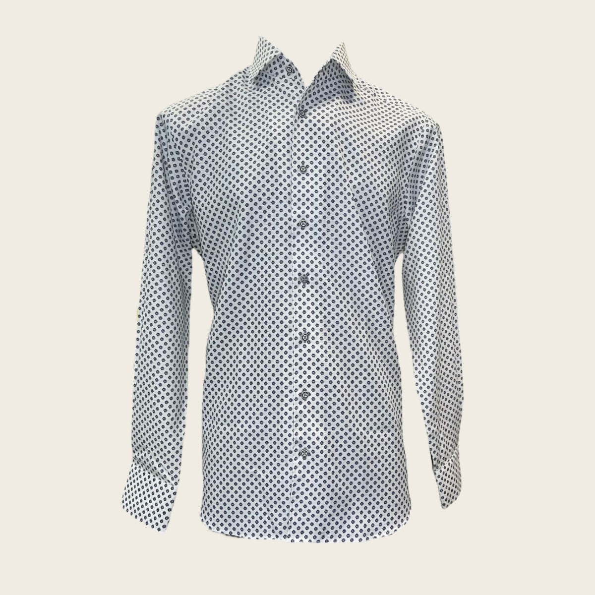 White print shirt, Features long sleeves and button-down front and cuff closures