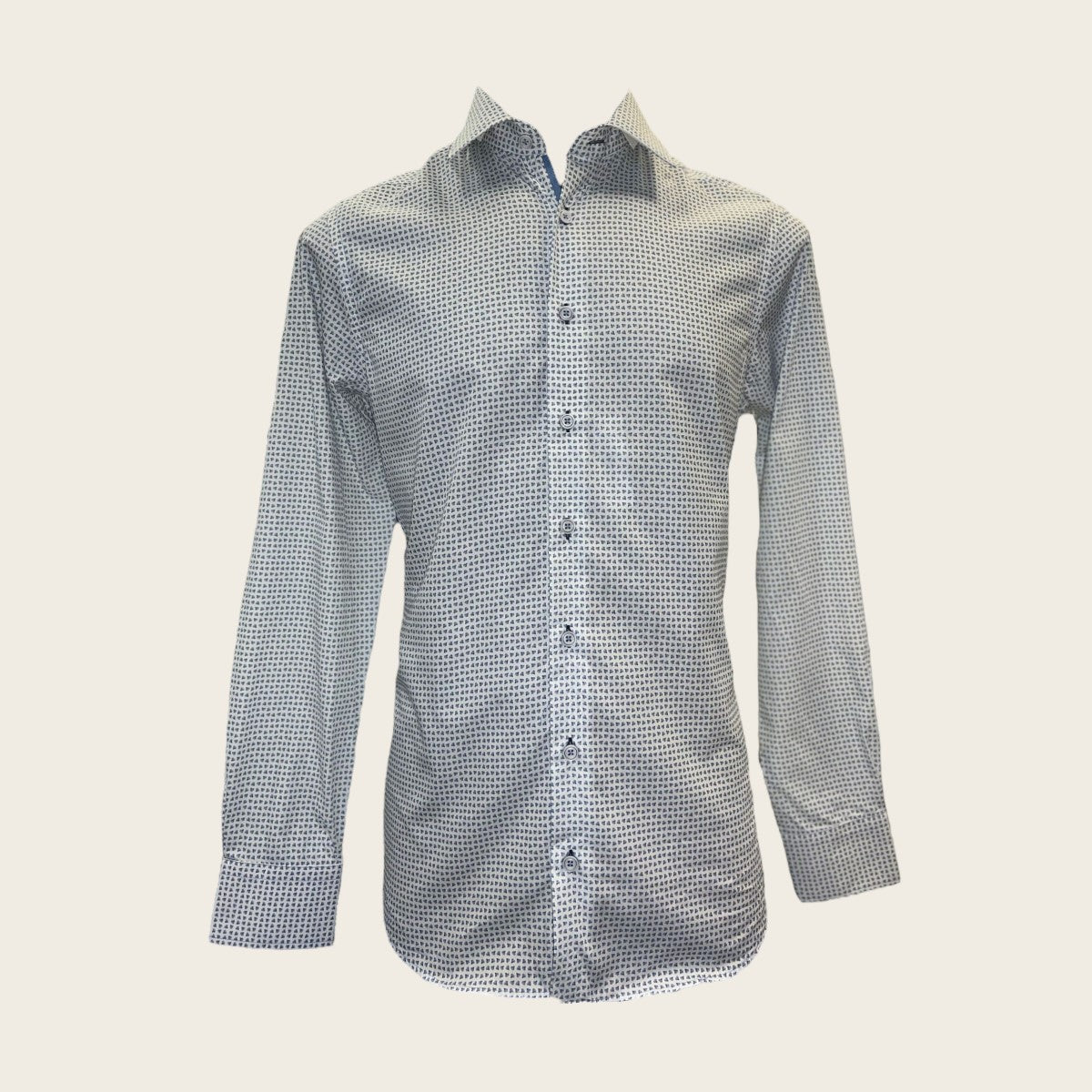 Grey print men shirt, with organic motifs in contrasting colors