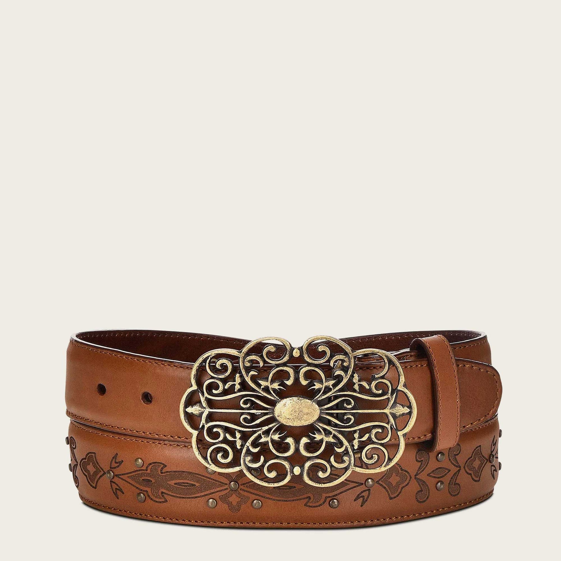Engraved honey leather belt, western for women - CN811ST - Cuadra Shop