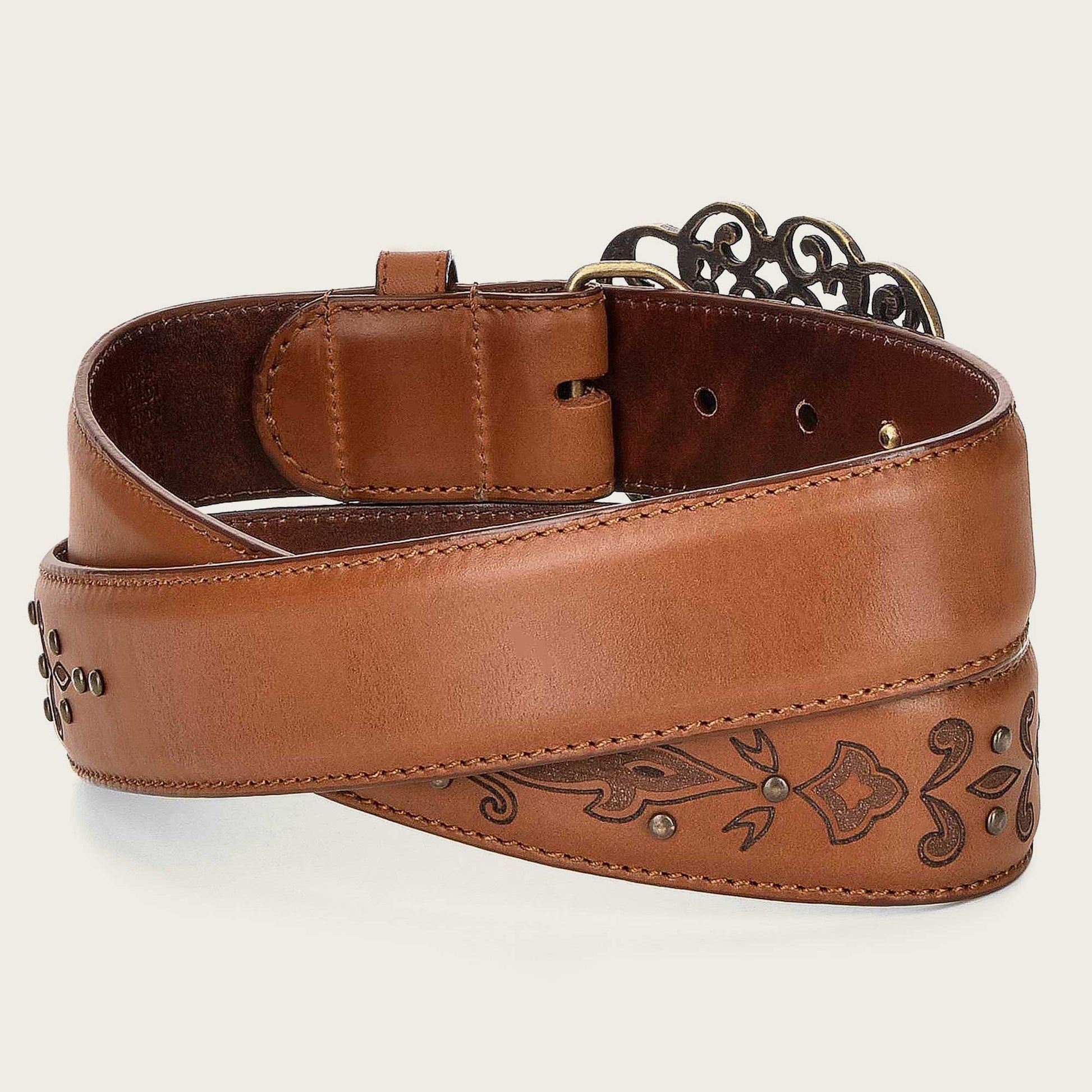Engraved honey leather belt, western for women - CN811ST - Cuadra Shop