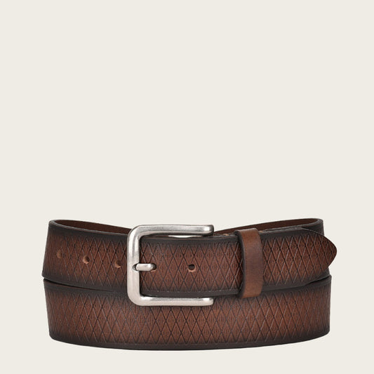 Geometrical engraved casual brown leather belt