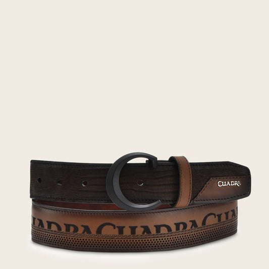 Engraved honey exotic leather belt with black monogram buckle