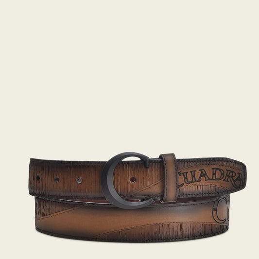 Engraved honey leather belt with black monogram buckle