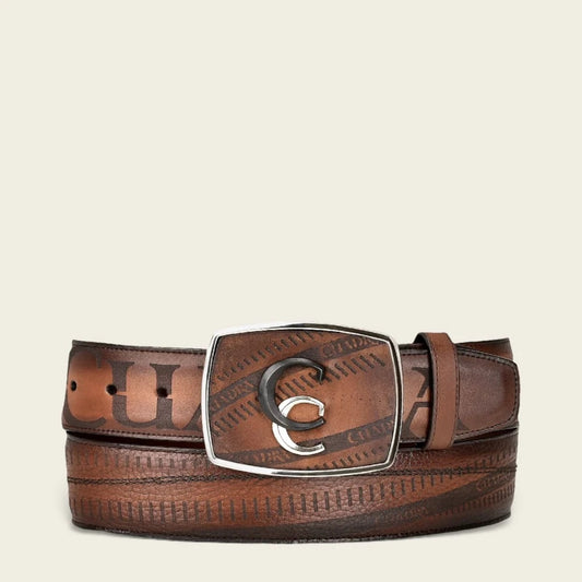 Engraved honey brown leather western belt with cuadra black and silver monogram