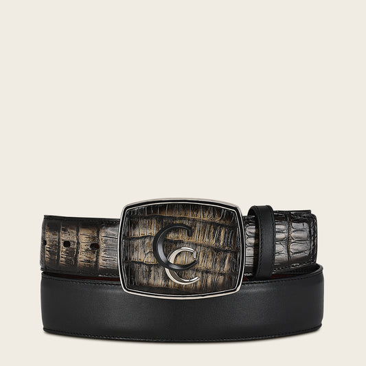 Hand-painted black exotic leather western belt with double metal insert