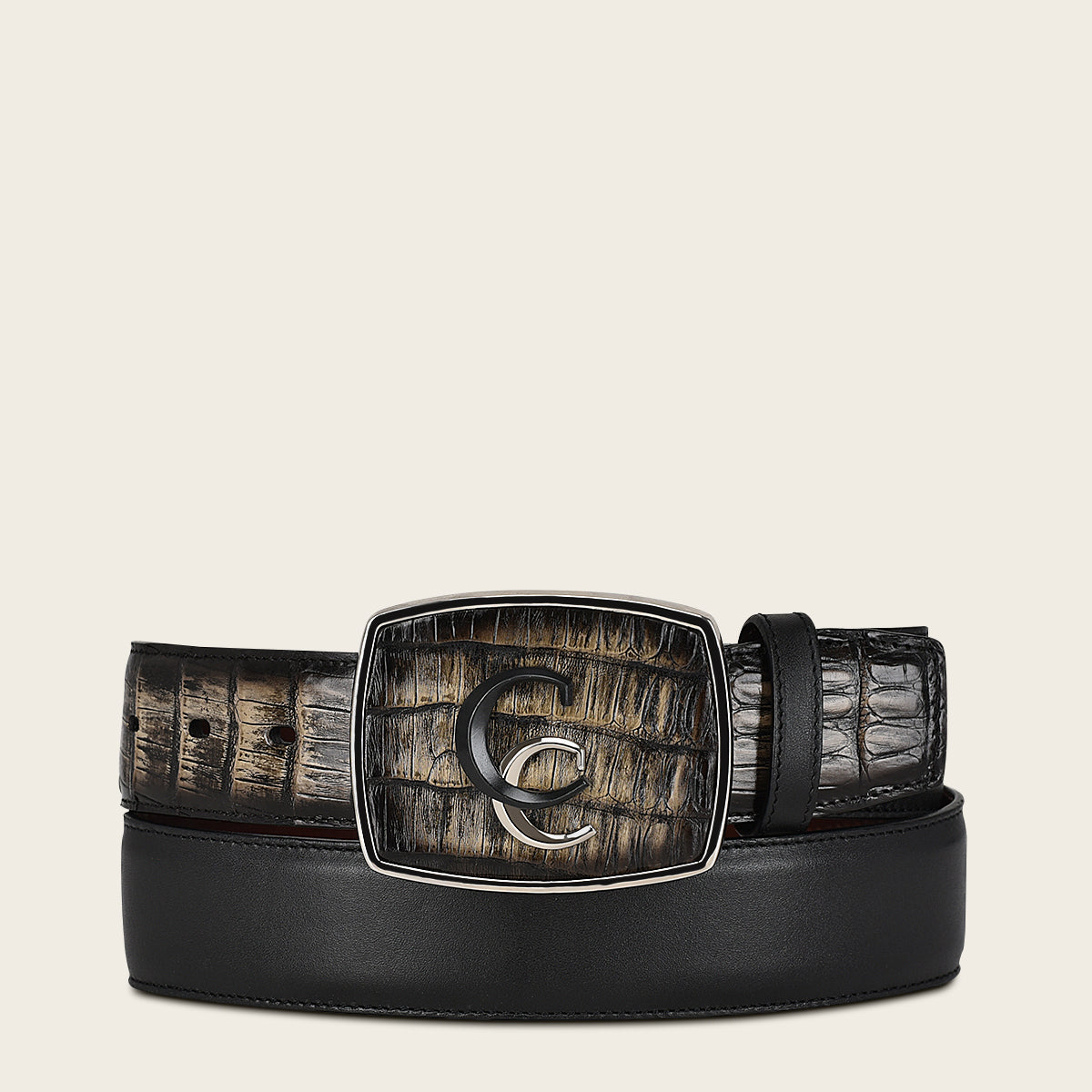 Cinturón western de piel exótica negra pintado a mano con doble inserción metálica