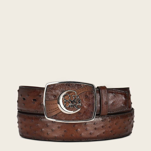 Engraved honey brown exotic leather western belt with Cuadra monogram