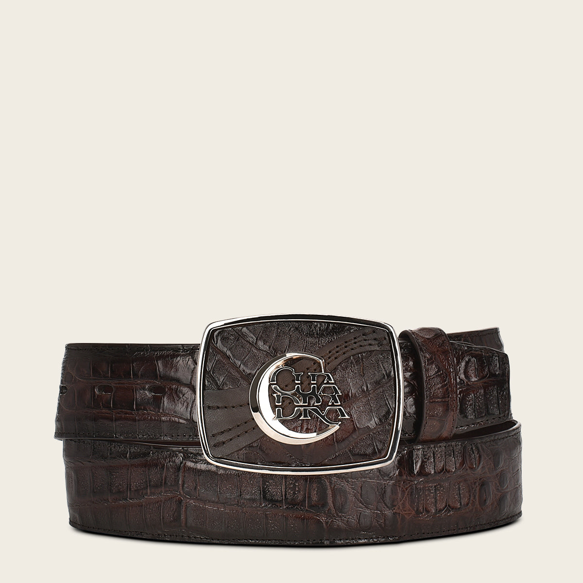 Engraved dark brown high exotic leather western belt with Cuadra monogram