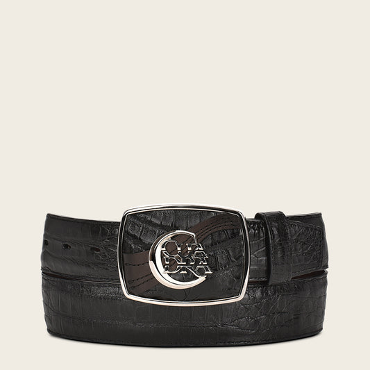 Engraved black high exotic leather western belt with Cuadra monogram