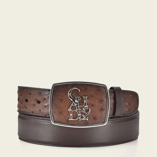 Hand-painted brown ostrich leather western belt