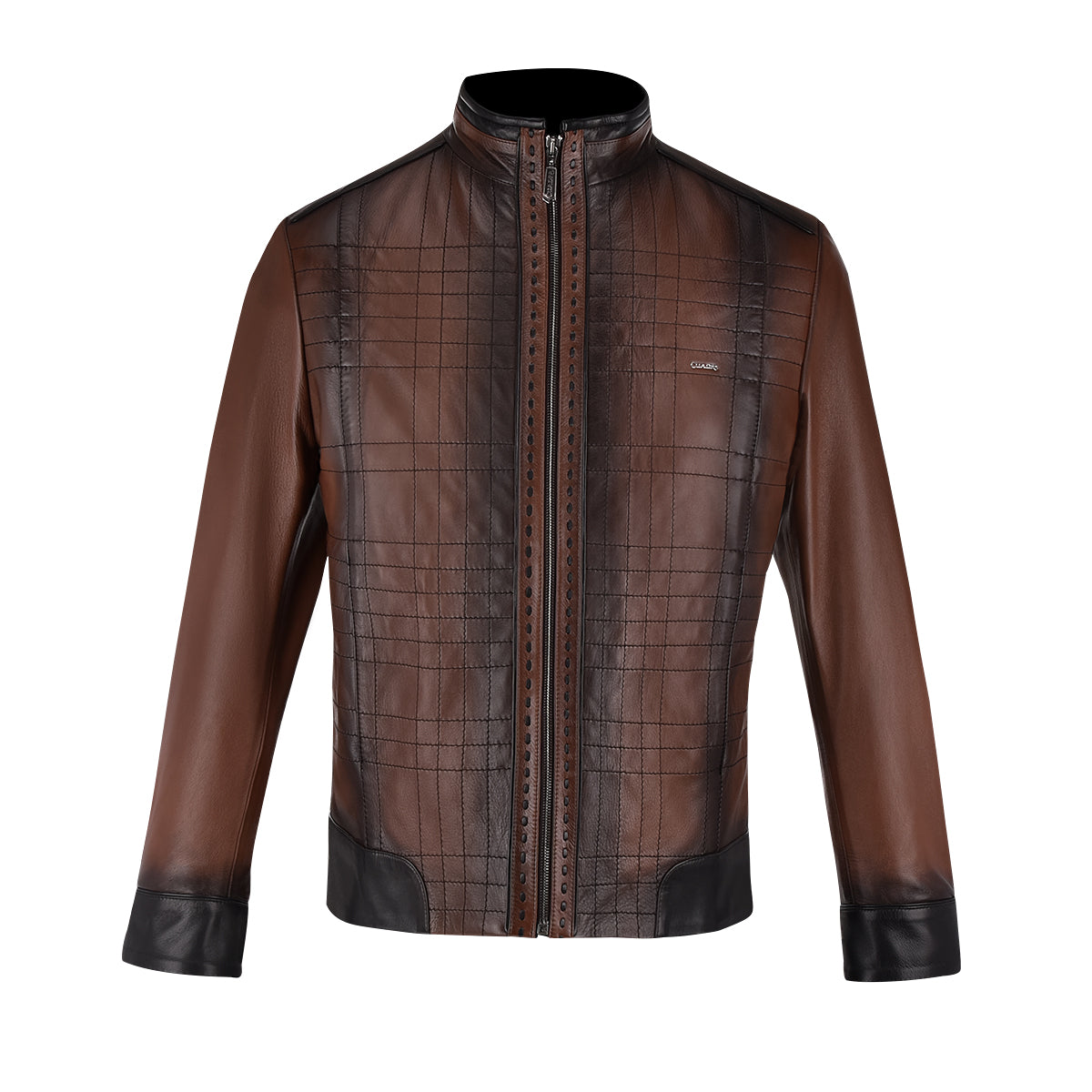 Mandarin neck dark brown leather jacket