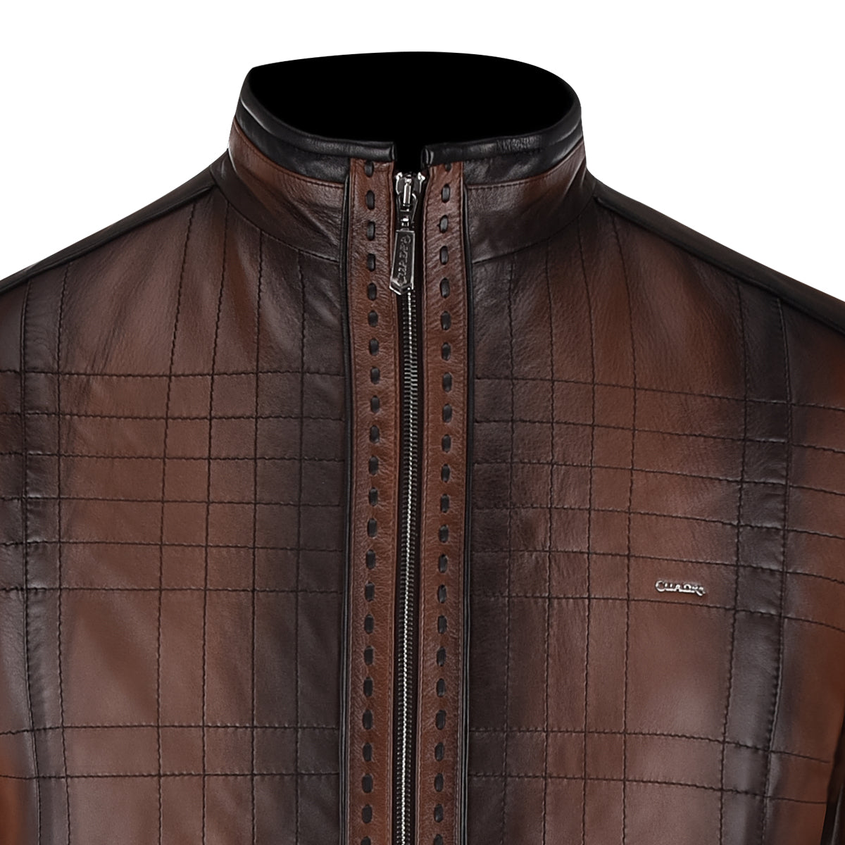 Mandarin neck dark brown leather jacket