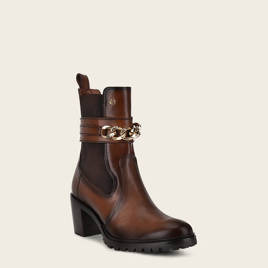Honey brown leather bootie with decorative metallic chain