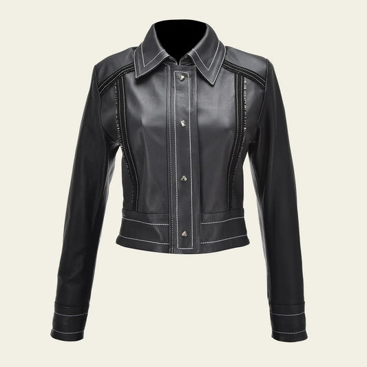 Womens black leather shearling jacket with white stitching
