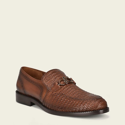 Genuine honey brown leather mocasin with interwoven detail