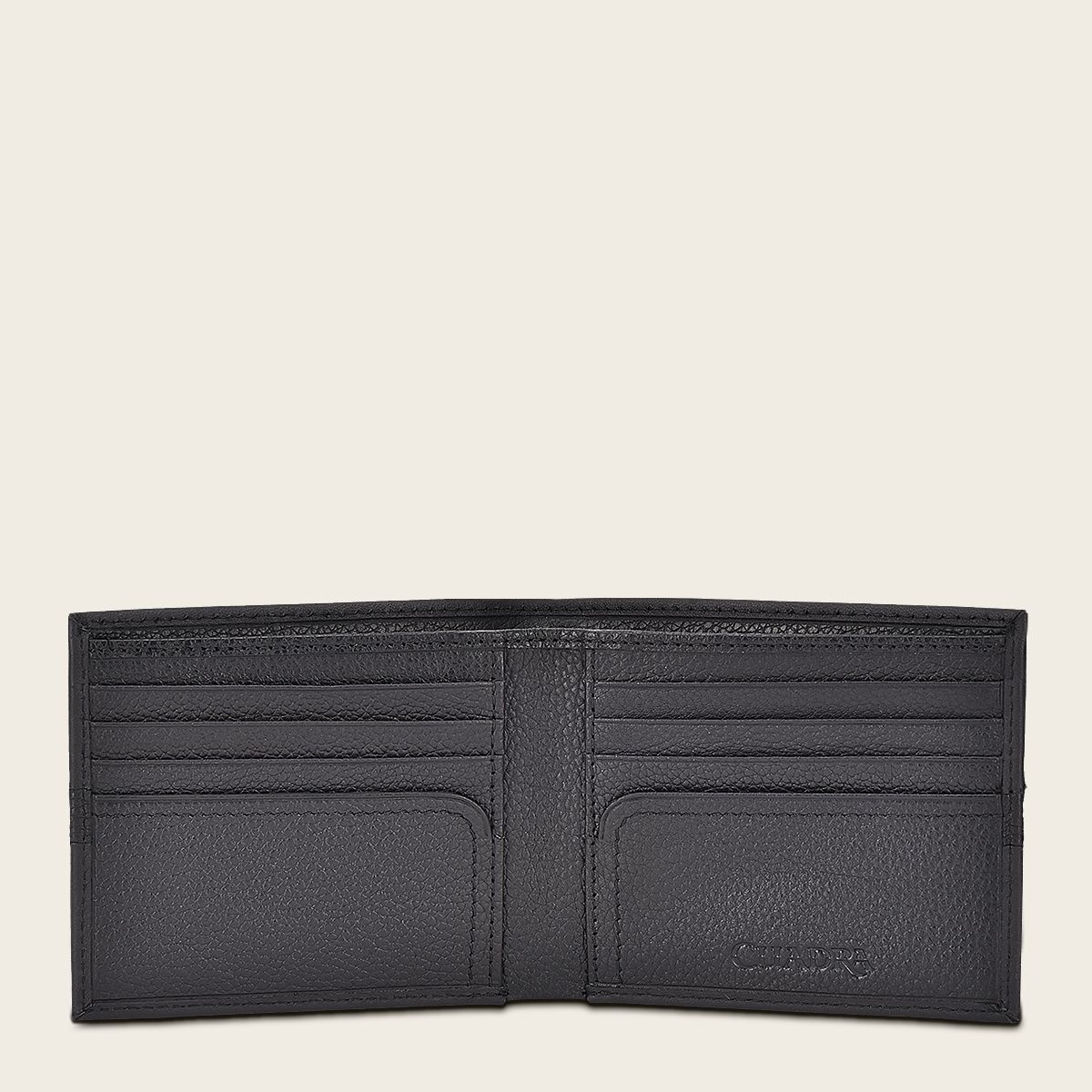 Black bovine leather wallet with contrasting leather strap