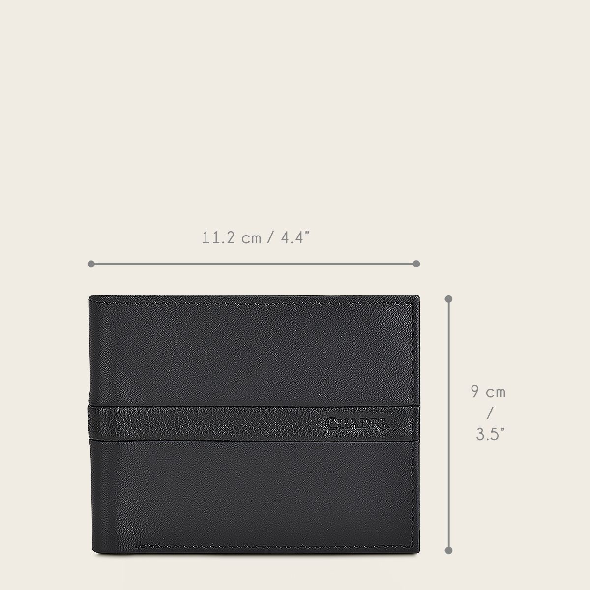 Black bovine leather wallet with contrasting leather strap