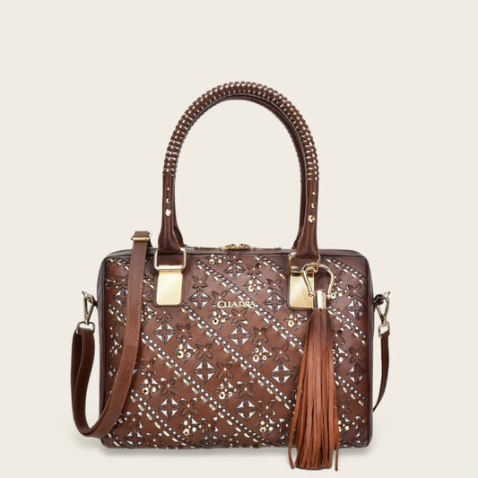 Brown handbag with Austrian crystals and perforated floral motifs