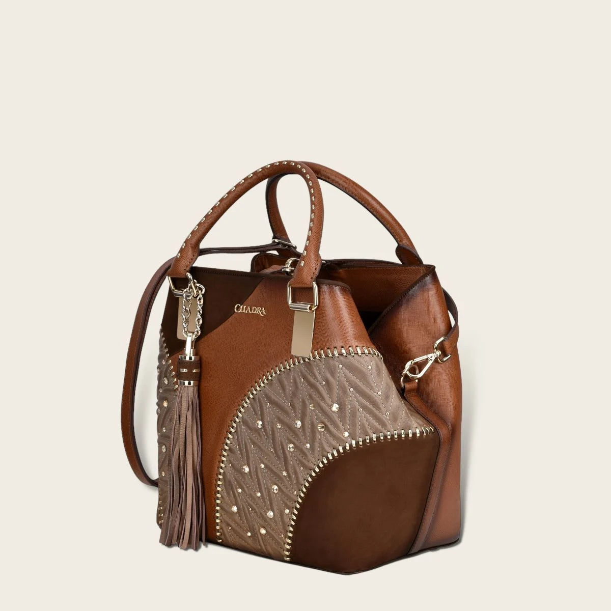 Brown leather tote bag with contrasting geometric motifs
