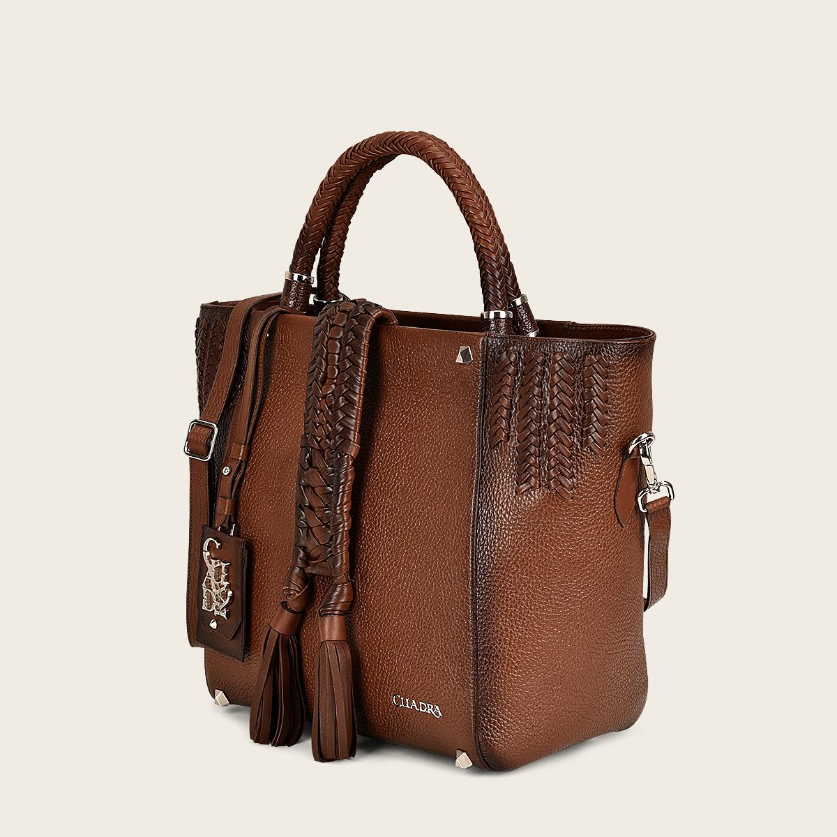 Brown leather tote bag with handmade fabric application
