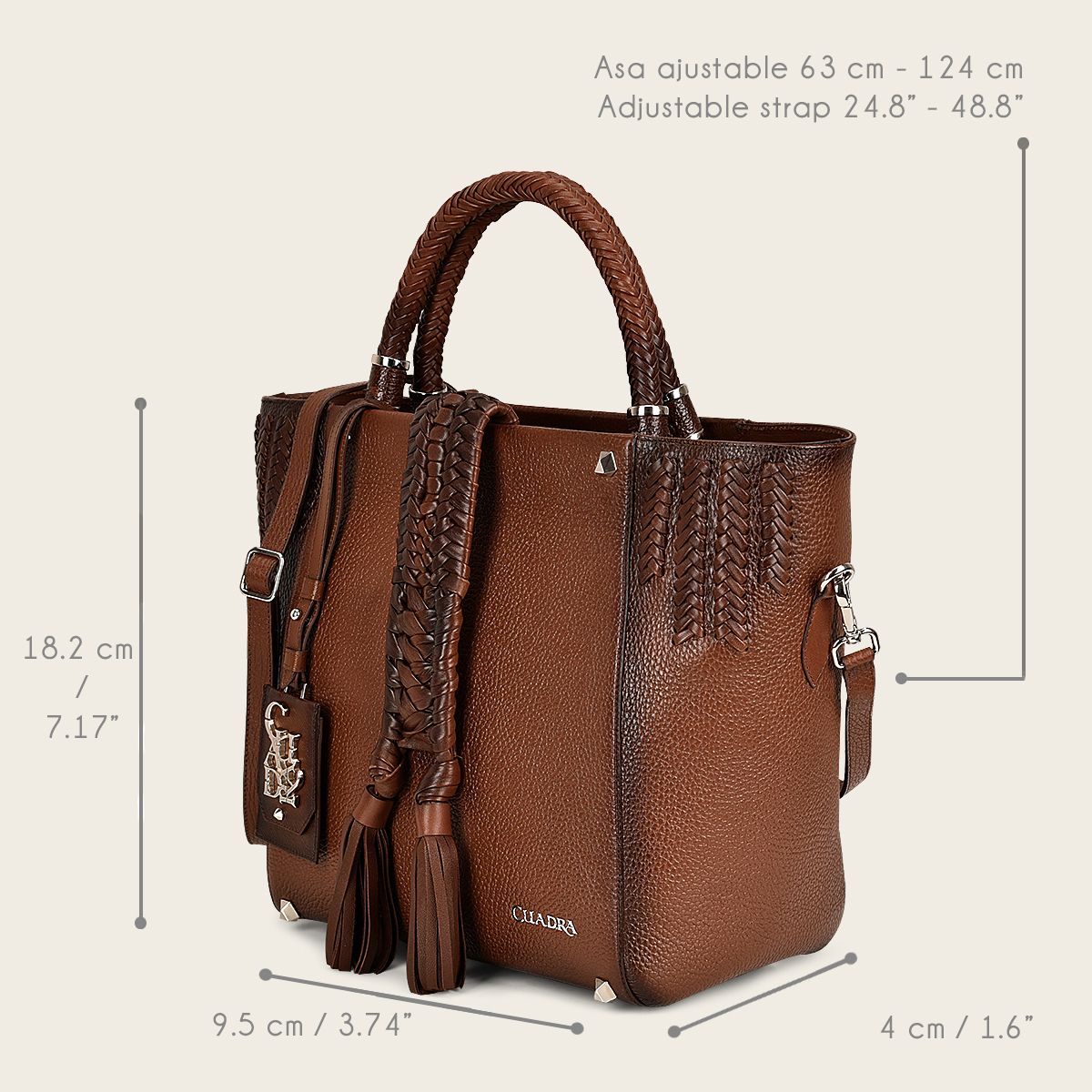 Brown leather tote bag with handmade fabric application