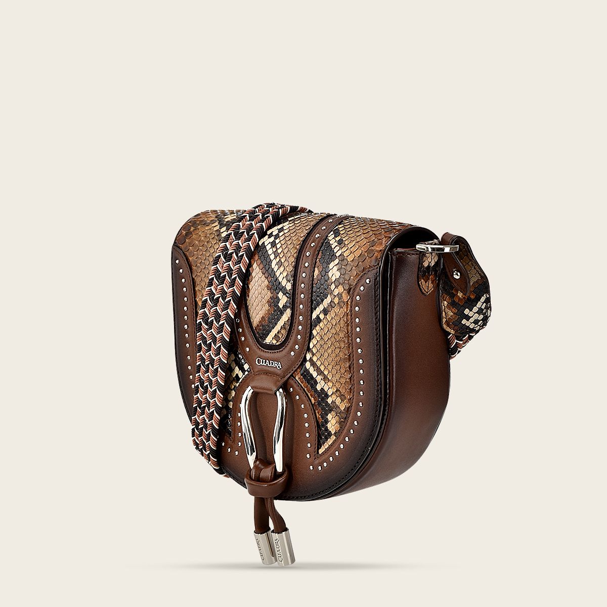 Brown exotic leather crossbody bag with studs