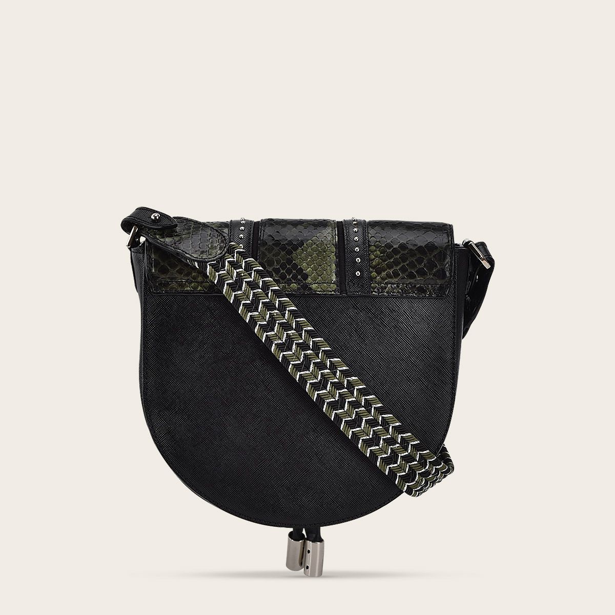 Dark green exotic leather crossbody bag with studs