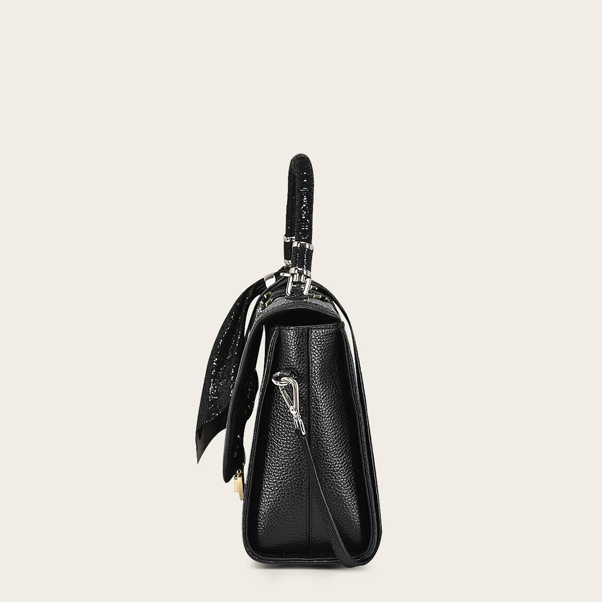 Printed black leather satchel bag
