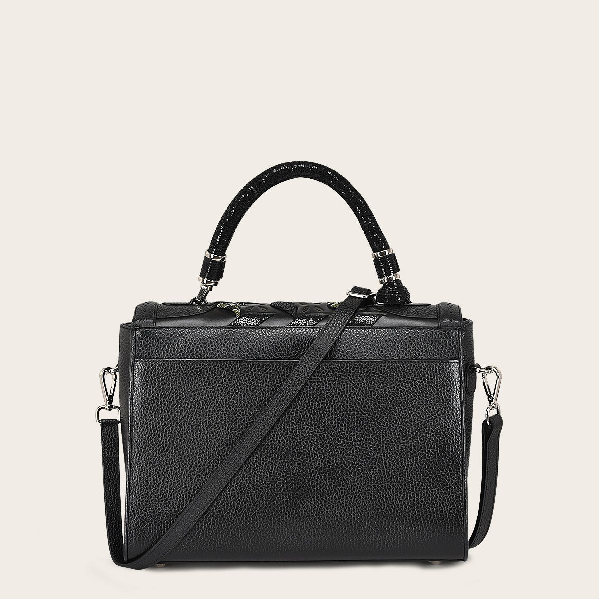 Printed black leather satchel bag